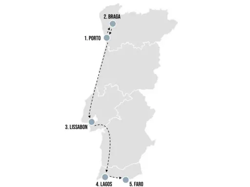 Karte von Portugal mit einer Route von Porto über Lissabon nach Faro. Die Frage "wie groß ist Portugal" wird durch die Darstellung der Reise von Nord nach Süd beantwortet.