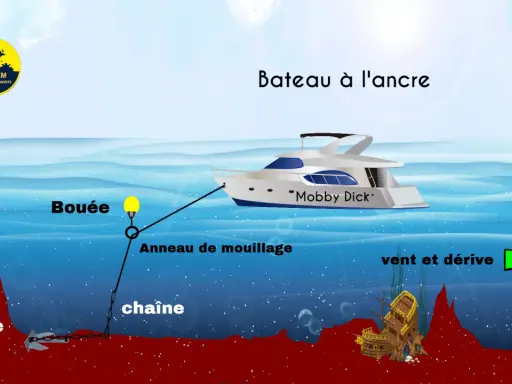 Illustration expliquant comment fonctionne une ancre de bateau : une ancre, une chaîne, un anneau de mouillage et une bouée maintiennent le "Mobby Dick" en place.