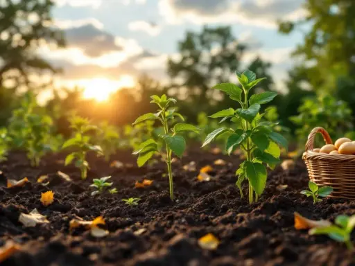 Jeunes pousses vertes dans la terre, prêtes à grandir. Un panier de pommes de terre attend d'être planté.