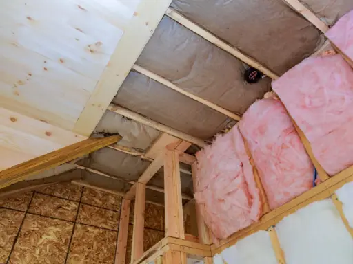 Proceso de como aislar un techo por el interior con lana de vidrio rosa y material de madera.