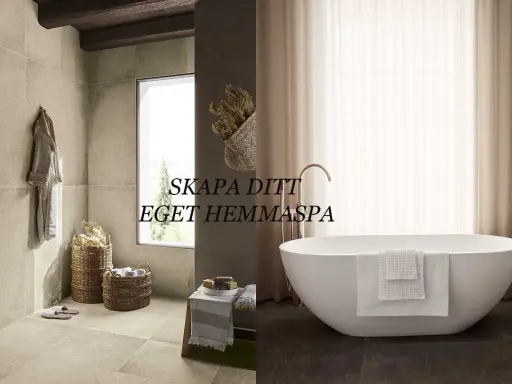 Ett modernt badrum med fristående badkar, badrock och korgar. Denna spa inredning skapar en lugn oas.