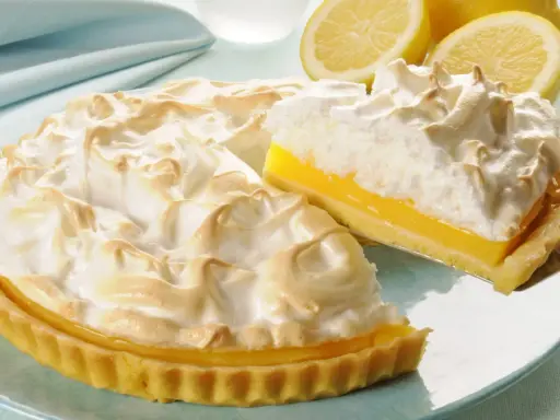 Puszysta tarta cytrynowa z bezą, z kawałkiem na łopatce. Obok leżą świeże cytryny.