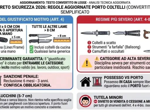 Schema del nuovo decreto sicurezza 2026: coltelli pieghevoli con blocco lama o apertura a una mano, coltelli da cucina, balisong, bastoni da passeggio con lama nascosta.