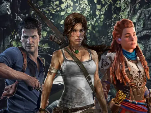Nathan Drake, Lara Croft i Aloy - bohaterowie gier podobnych do Tomb Raider, gotowi na przygodę w dżungli.