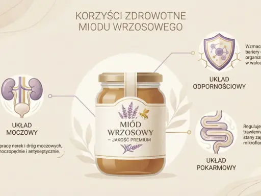 Słoik miodu wrzosowego z ikonami układu odpornościowego, moczowego i pokarmowego.