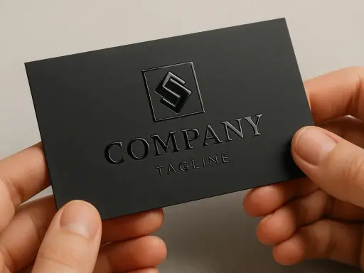 Czarne wizytówki z wypukłym logo i tekstem, prezentujące eleganckie uszlachetnienia druku.