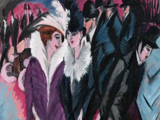 Menschen in eleganter Kleidung, ein typisches Motiv des Expressionismus, Kunst, Zeitraum. Lebendige Farben und dynamische Pinselstriche.