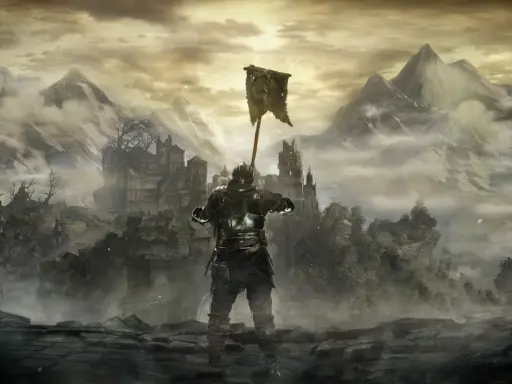 Rycerz z chorągwią na tle mglistych gór i zamku. Wskazówki do gry Dark Souls.