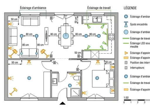 Plan d'une maison en L avec différents types d'éclairage : d'ambiance, de travail, d'appoint.