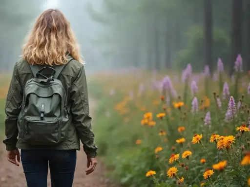 En kvinna med ryggsäck vandrar på en stig genom en blomsteräng. En symbol för livet efter utmattningssyndrom, där lugn och återhämtning blomstrar.