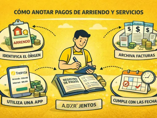 Un hombre registra pagos de arriendo y servicios. Identifica el origen, usa una app, archiva facturas y cumple fechas. El pago recurrente es clave.