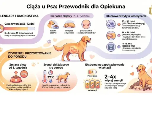 Ilustracja pokazuje, ile pies jest w ciąży, od pierwszych objawów po poród i laktację.