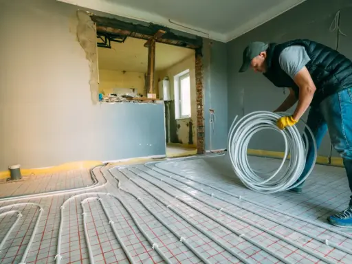 Instalator układa rury do ogrzewania podłogowego z sieci miejskiej.