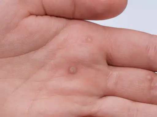 Dłoń mężczyzny z kilkoma brodawkami, które mogą być objawem wirusa HPV. Widoczne zmiany skórne na wewnętrznej stronie dłoni.