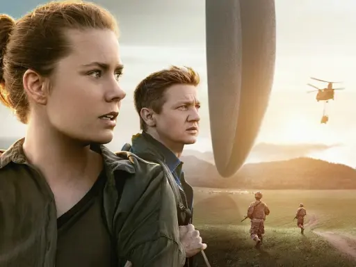 Amy Adams i Jeremy Renner patrzą na gigantyczny statek obcych. W tle żołnierze i helikopter. To może być kluczowe 10 pik znaczenie.