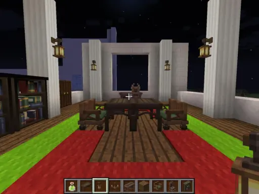 Wnętrze z biblioteczką i stołem, gdzie realistyczne mody do Minecraft dodają detali.