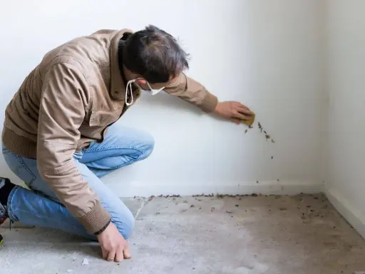 Hombre con mascarilla limpiando manchas de humedad de la pared con una esponja.