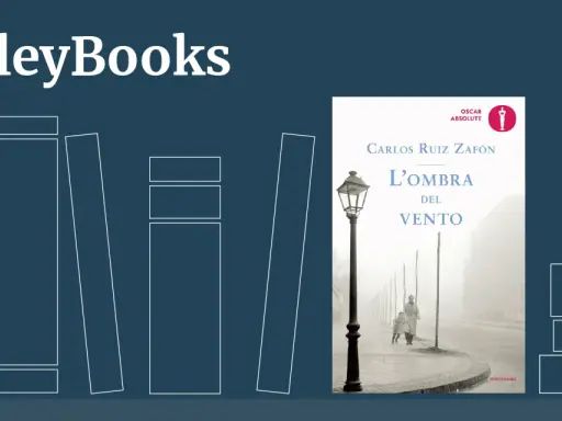 Copertina del libro "L'ombra del vento" di Carlos Ruiz Zafón, con un'immagine suggestiva di una strada nebbiosa e due figure.