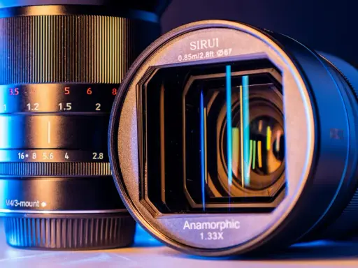 Dwa obiektywy, jeden z oznaczeniem "Anamorphic 1.33X", drugi z podziałką przysłony.
