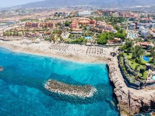 Widok z lotu ptaka na Costa Adeje plaże z turkusową wodą, piaszczystym brzegiem pełnym leżaków i palmami.