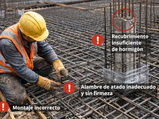 Obrero trabajando en la ferralla, mostrando errores de montaje, recubrimiento insuficiente de hormigón y alambre de atado inadecuado.