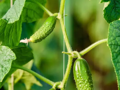 Sur la tige verte, deux jeunes cornichons poussent, entourés de feuilles luxuriantes.