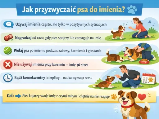 Jak przyzwyczaić psa do imienia? Używaj go w pozytywnych sytuacjach, nagradzaj reakcję, wołaj podczas zabawy. Nie używaj imienia przy karceniu. Bądź cierpliwy. Pies skojarzy imię z czymś miłym.