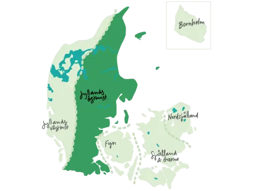 Karta över Danmark med områden som Jyllands östkust, Fyn och Själland. Perfekt för att planera din nästa vandra i Danmark.