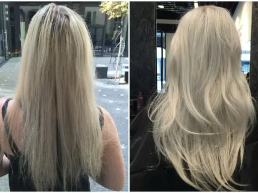 Przed i po zabiegu Olaplex. Włosy po kuracji są widocznie zdrowsze i lśniące.