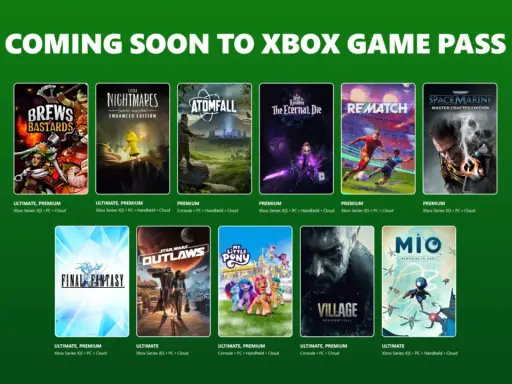 Nadchodzące **premiery Game Pass** na Xbox: Brews Bastards, Little Nightmares, Atomfall, The Eternal Die, Rematch, Space Marine, Final Fantasy, Star Wars Outlaws, My Little Pony, Resident Evil Village, Mio.