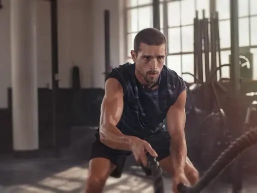Ein Mann trainiert mit Seilen im Fitnessstudio. Das ist funktionelles Training, das Kraft und Ausdauer verbessert.