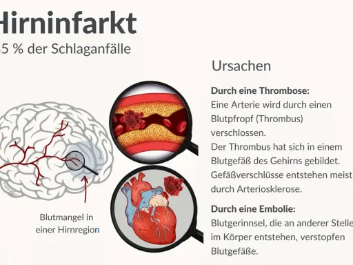 Illustration zeigt Hirninfarkt, Ursachen wie Thrombose/Embolie und Blutarmut in Hirnregion. Der demenz nach schlaganfall verlauf kann hier beginnen.