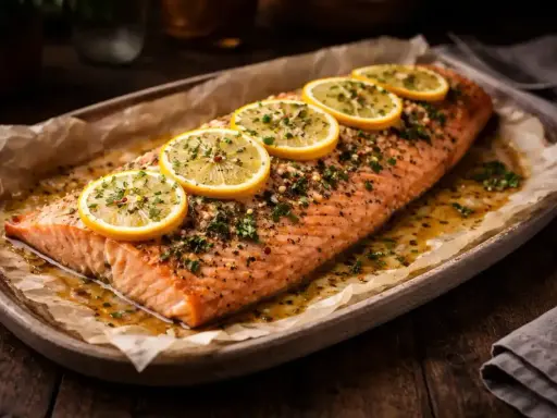 En hel, lyxig lax i ugn, toppad med citronskivor och örter, serverad på ett fat med bakplåtspapper.