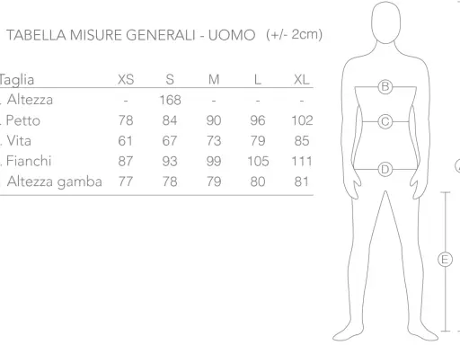Tabella misure uomo: taglia small (S) con altezza 168 cm, petto 84 cm, vita 67 cm, fianchi 93 cm, altezza gamba 78 cm.