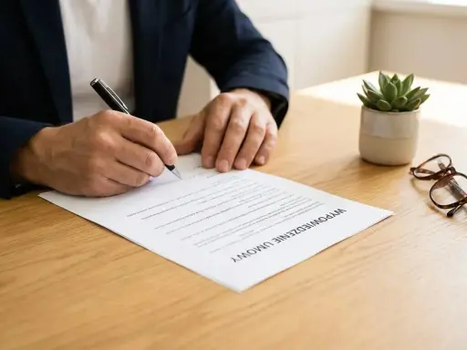 Mężczyzna w garniturze podpisuje dokument "Wypowiedzenie umowy o pracę przez pracodawcę". Obok leżą okulary i roślina.