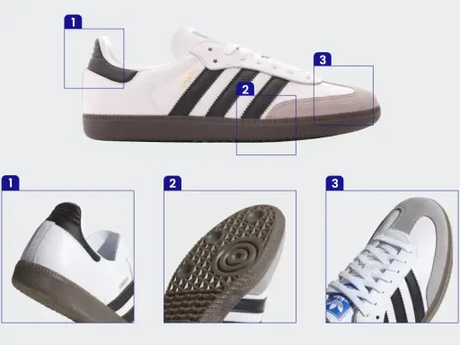 Białe buty Adidas Samba z czarnymi paskami i szarym zamszowym noskiem. Widoczna oryginalna metka Adidas na języku.
