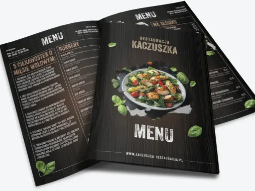 Eleganckie menu restauracji Kaczuszka z apetycznym zdjęciem kurczaka i sałatki. Projekt menu zawiera sekcje z burgerami i deserami.
