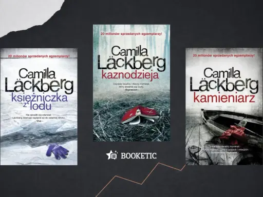 Okładki książek z serii Camilla Läckberg: "Księżniczka z lodu", "Kaznodzieja" i "Kamieniarz".