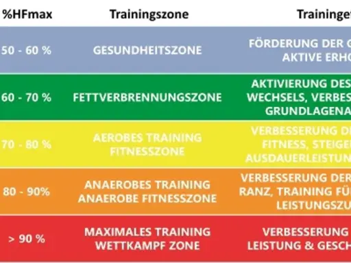 Tabelle zeigt Trainingszonen basierend auf %HFmax. Maximale Herzfrequenz über 90% für Wettkampfzone, verbessert Leistung & Geschwindigkeit.