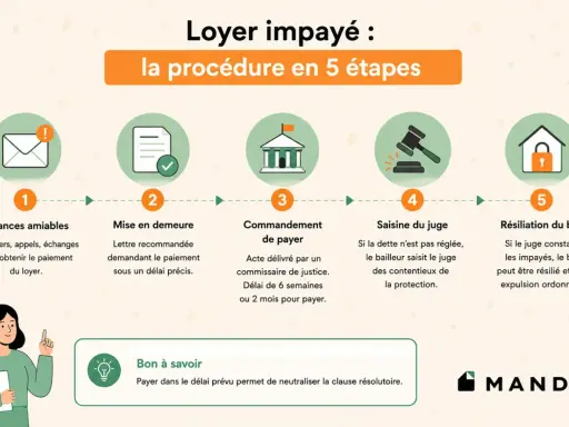 Procédure en 5 étapes pour loyer impayé : relances, mise en demeure avec délai, commandement de payer, saisine du juge, résiliation du bail.