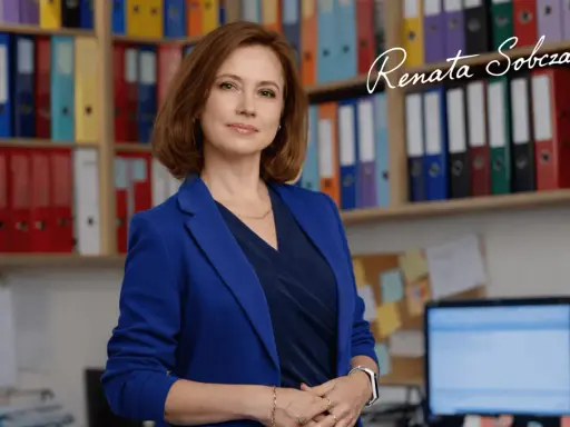 Kobieta w niebieskiej marynarce stoi przed regałami z segregatorami.