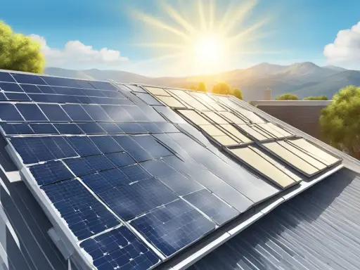 Solceller på ett tak under en solig himmel. En fråga om solceller eller inte, men här fångar de solljuset.