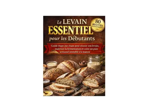 Couverture du livre "Le Levain Essentiel pour les Débutants" avec 80 recettes. Des pains au levain artisanaux sont présentés, prêts à être dégustés.
