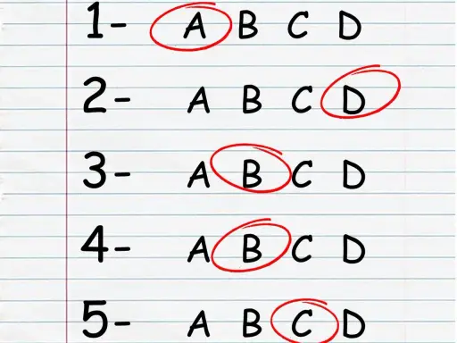 Liste mit nummerierten Fragen und Auswahlmöglichkeiten (A, B, C, D). Einige Antworten sind rot eingekreist, was die Bedeutung der Noten verdeutlicht.