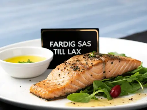 En perfekt tillagad laxfilé serveras med en skål med gul sås till lax, gröna blad och en röd bär.