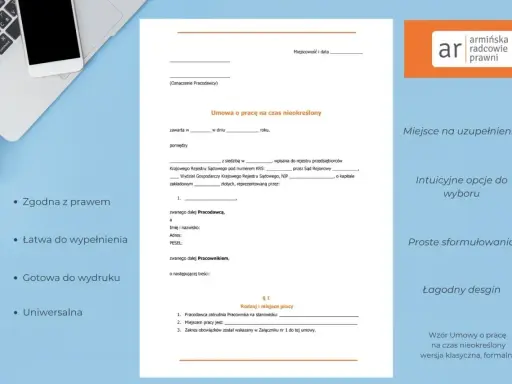Wzór umowy o pracę na czas nieokreślony, idealny jako umowa na zastępstwo. Zgodna z prawem, łatwa do wypełnienia.