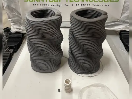 Dos jarrones retorcidos creados mediante impresión 3D hormigón. Se aprecian las capas de material.