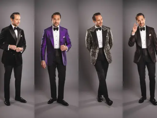Four men in tuxedos. The first has a black velvet tuxedo with a satin lapel. The second wears a vibrant purple tuxedo. The third sports a patterned jacket with a black lapel. The fourth has a dark patterned tuxedo.