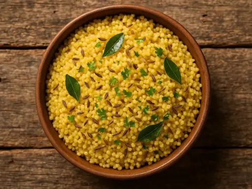 Eine Schüssel voller goldener Hirse, garniert mit Kümmelsamen und frischer Petersilie. Ein gesundes Abendessen, das Energie für den nächsten Tag gibt.