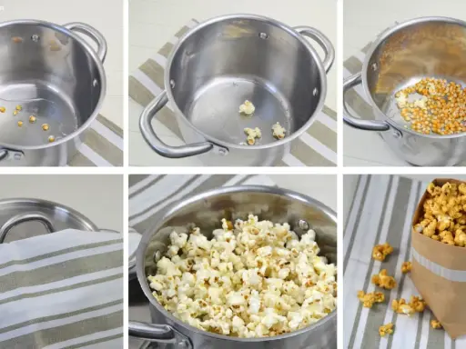 Schritt-für-Schritt-Anleitung, wie man Popcorn selber machen kann: Maiskörner in Öl erhitzen, bis sie aufplatzen. Fertiges Popcorn in einer Tüte.